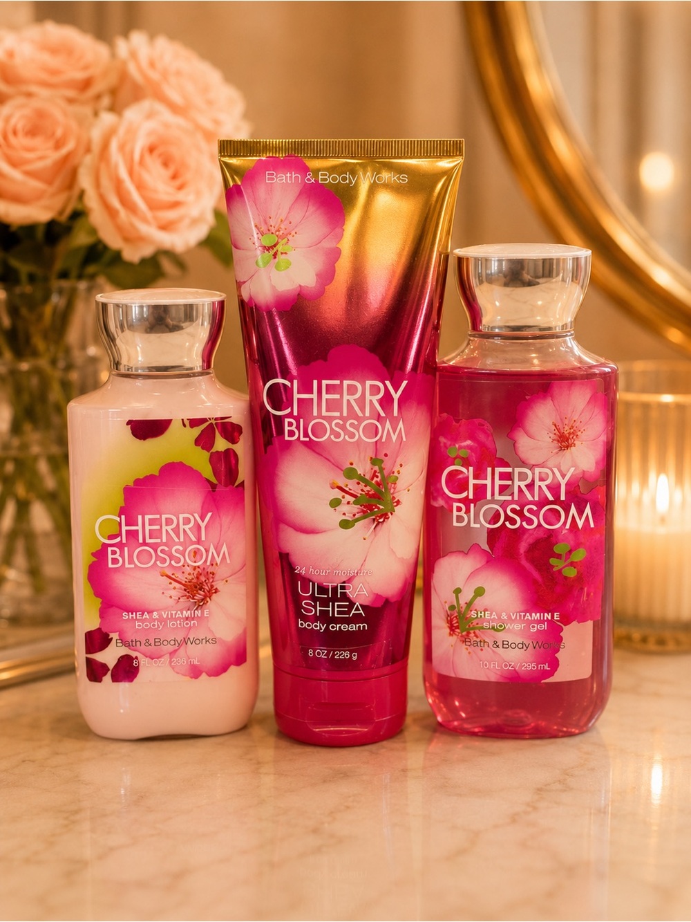 Bath & Body Works Cherry Blossom Body Cream, Lotion & Shower Gel Trio- Pink/Gold